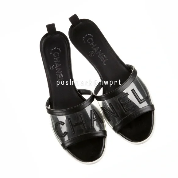 CHANEL 💯 Logo PVC Slides Sandals Mules Transparent Clear Black 37 7 Box Bag SS19 - Picture 7 of 17